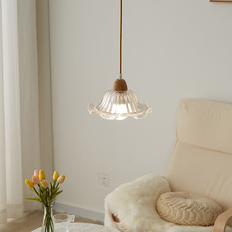 Modern Minimalist Round Flower Glass Solid Wood 1-Light Pendant Light For Bedroom