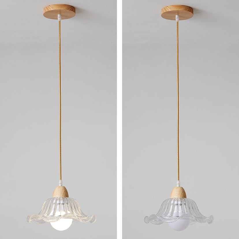 Modern Minimalist Round Flower Glass Solid Wood 1-Light Pendant Light For Bedroom