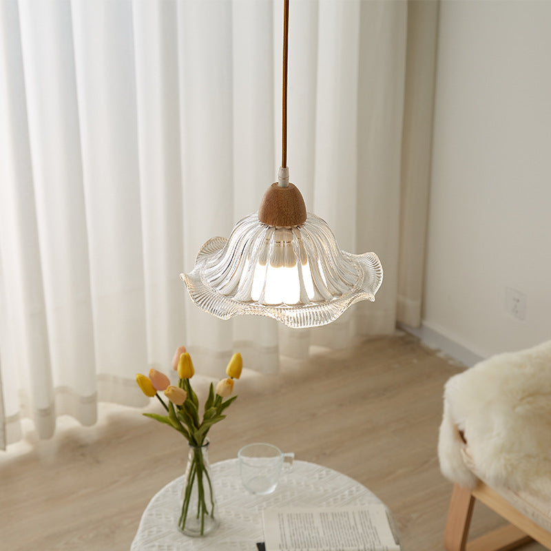 Modern Minimalist Round Flower Glass Solid Wood 1-Light Pendant Light For Bedroom