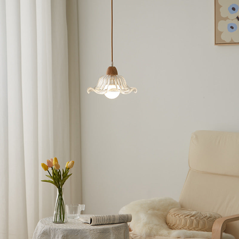 Modern Minimalist Round Flower Glass Solid Wood 1-Light Pendant Light For Bedroom