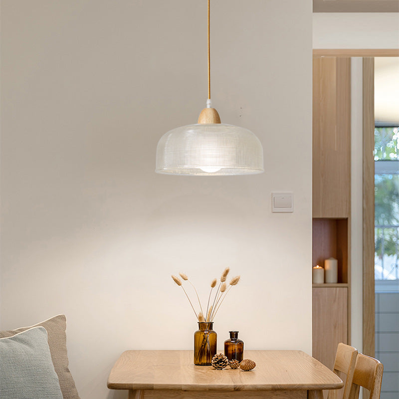 Modern Minimalist Round Flower Glass Solid Wood 1-Light Pendant Light For Bedroom