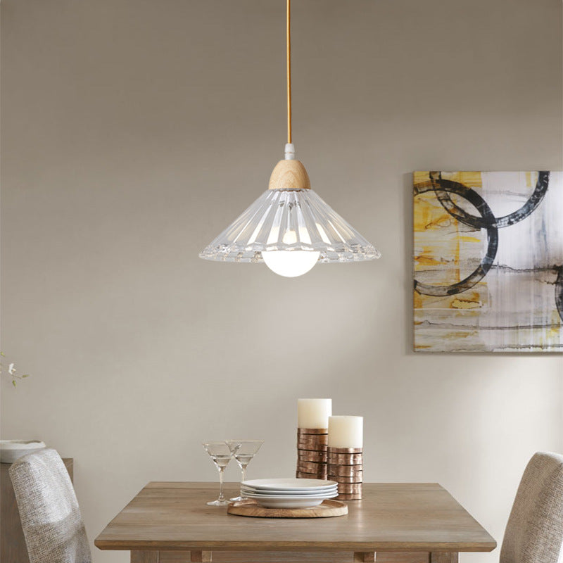 Modern Minimalist Round Flower Glass Solid Wood 1-Light Pendant Light For Bedroom