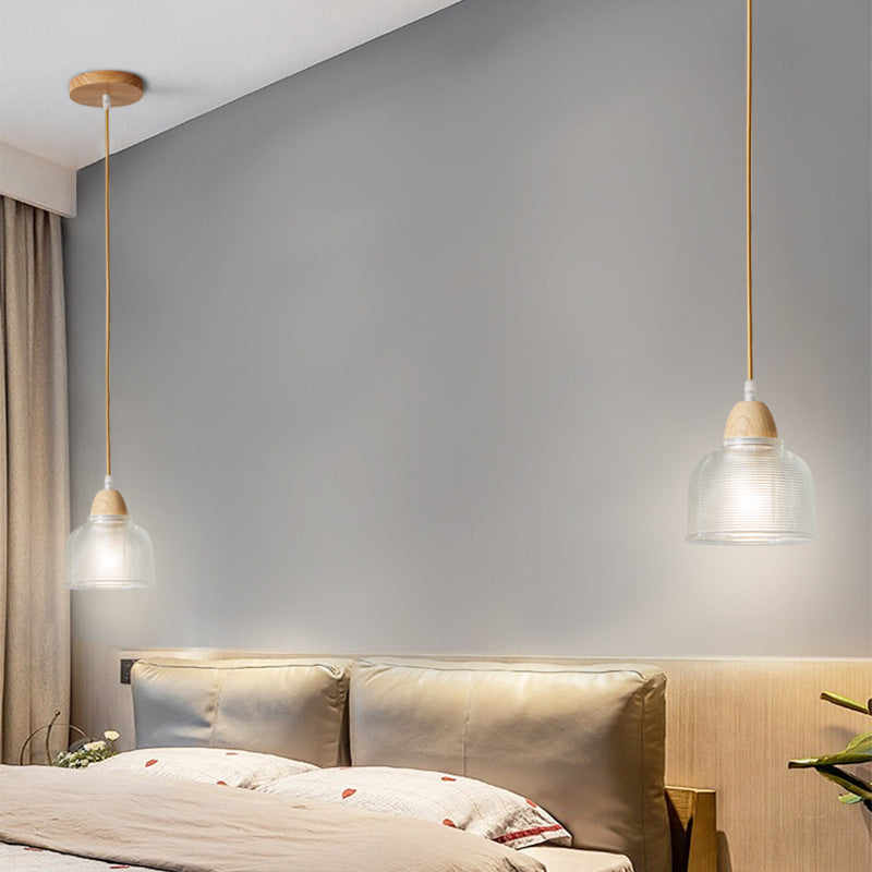 Modern Minimalist Round Flower Glass Solid Wood 1-Light Pendant Light For Bedroom