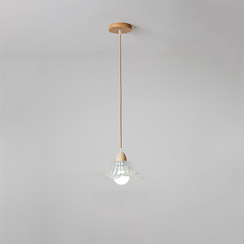 Modern Minimalist Round Flower Glass Solid Wood 1-Light Pendant Light For Bedroom