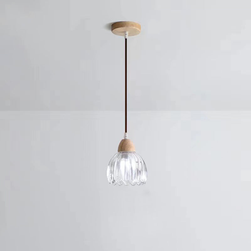 Modern Minimalist Round Flower Glass Solid Wood 1-Light Pendant Light For Bedroom