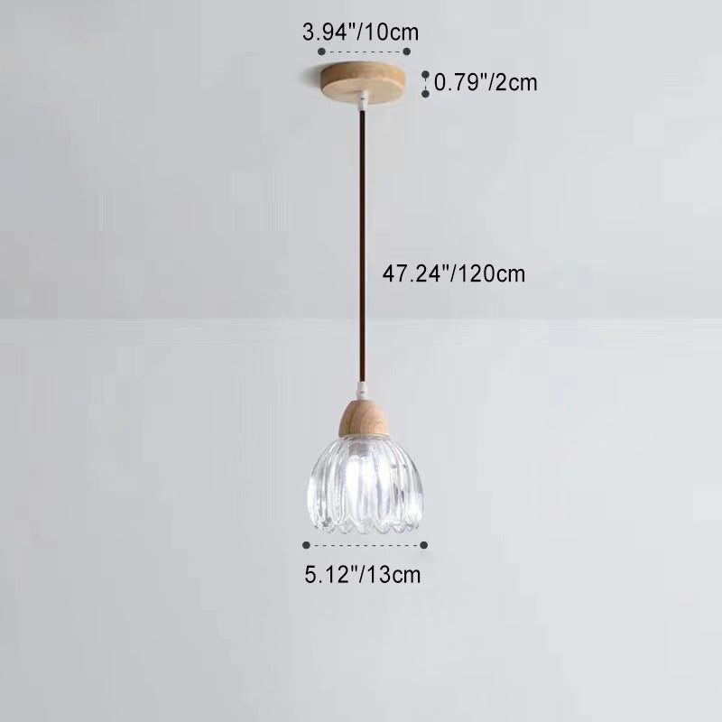 Modern Minimalist Round Flower Glass Solid Wood 1-Light Pendant Light For Bedroom