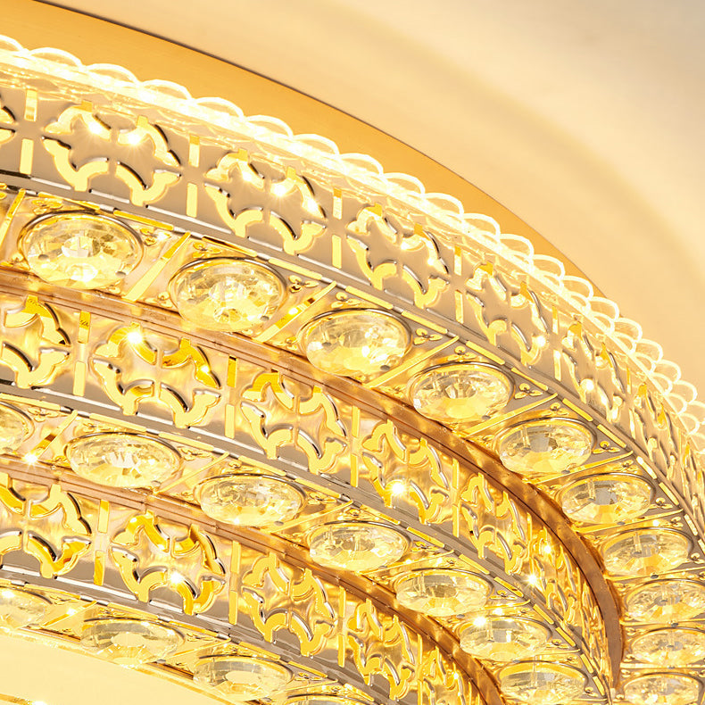 Modern Luxury Petal Round Glass Crystal Iron LED Flush Mount Ceiling Light For Living Room