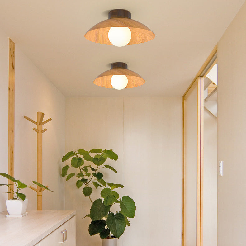 Modern Minimalist Disc Round Glass Wood Iron 1-Light Semi-Flush Mount Ceiling Light For Living Room
