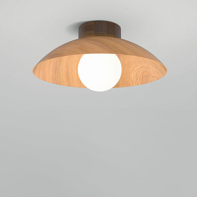 Modern Minimalist Disc Round Glass Wood Iron 1-Light Semi-Flush Mount Ceiling Light For Living Room