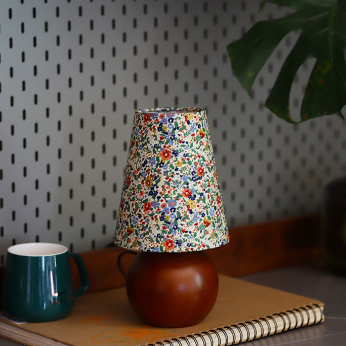 Traditional Vintage Crushed Flower Round Column Solid Wood PVC Fabric 1-Light Table Lamp For Bedroom