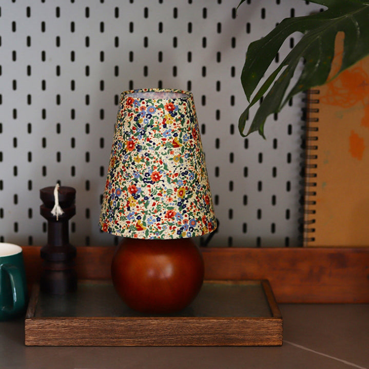 Traditional Vintage Crushed Flower Round Column Solid Wood PVC Fabric 1-Light Table Lamp For Bedroom