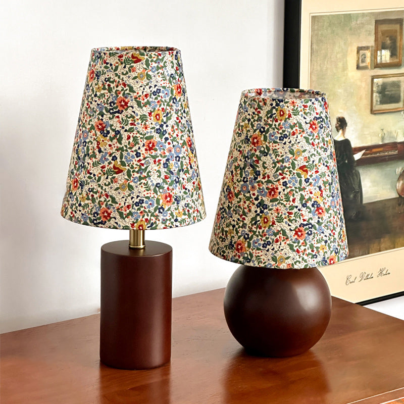 Traditional Vintage Crushed Flower Round Column Solid Wood PVC Fabric 1-Light Table Lamp For Bedroom