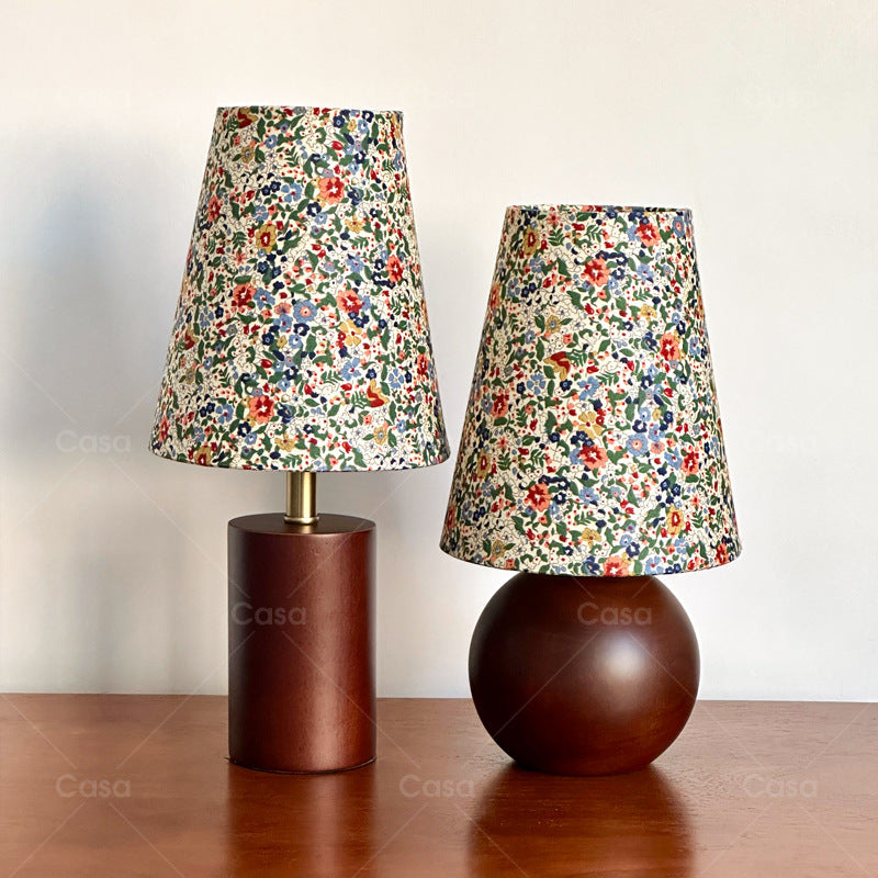 Traditional Vintage Crushed Flower Round Column Solid Wood PVC Fabric 1-Light Table Lamp For Bedroom