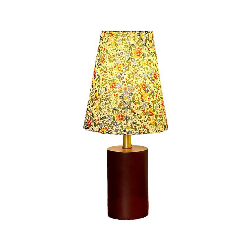 Traditional Vintage Crushed Flower Round Column Solid Wood PVC Fabric 1-Light Table Lamp For Bedroom
