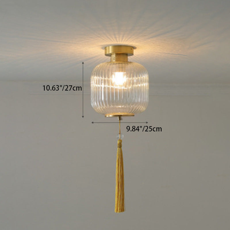 فانوس صيني تقليدي دائري من الزجاج والنحاس مزود بمصباح واحد مثبت بشكل نصف مسطح في السقف لغرفة المعيشة