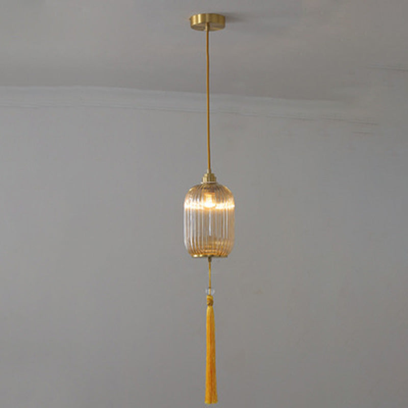 فانوس صيني تقليدي دائري من الزجاج والنحاس، مصباح معلق واحد لغرفة المعيشة