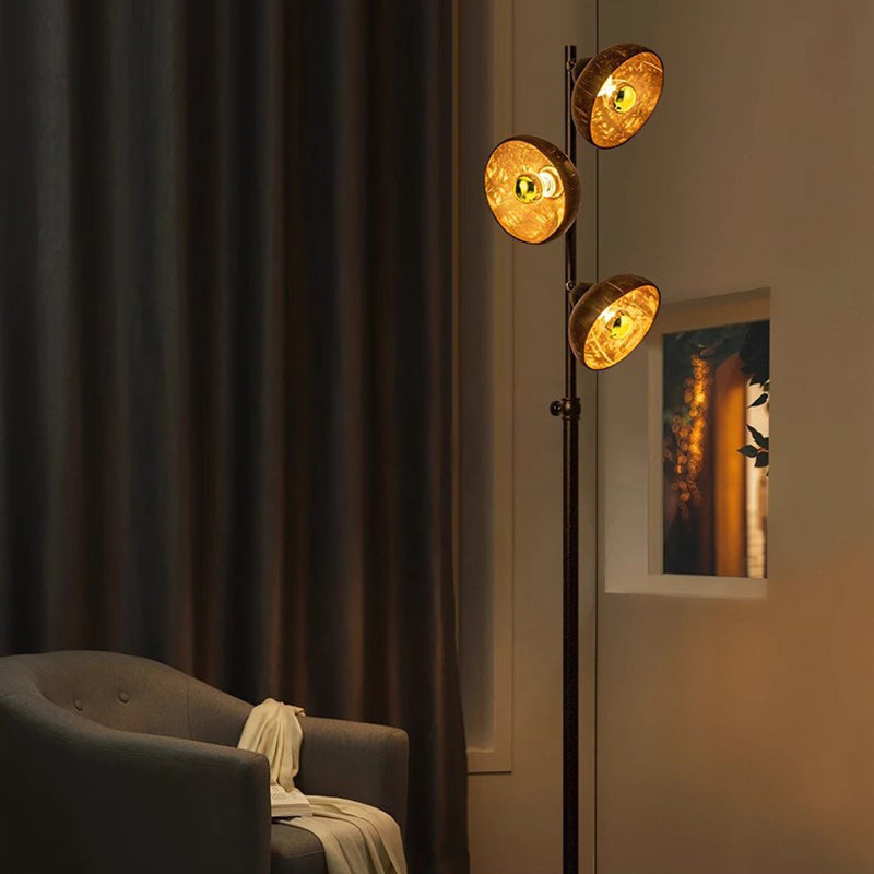 Traditional Vintage Rotatable Coconut Shell Round Metal 3-Light Standing Floor Lamp For Living Room