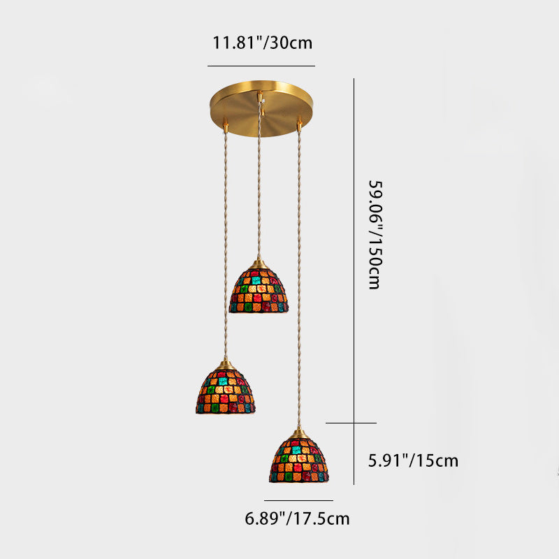 ثريا يابانية تقليدية مستديرة من الزجاج والنحاس بثلاثة مصابيح لغرفة المعيشة