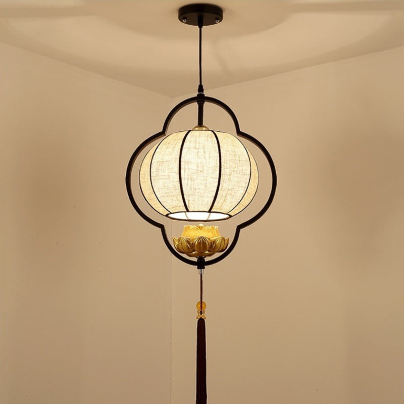 فانوس صيني تقليدي على شكل لوتس من القماش الحديدي مصباح معلق واحد لغرفة النوم
