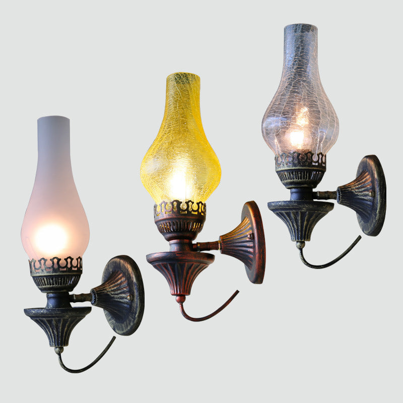 Traditional Vintage Round Ball Cylinder Glass Iron 1-Light Wall Sconce Lamp For Living Room
