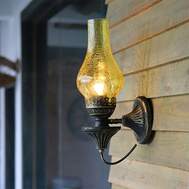 Traditional Vintage Round Ball Cylinder Glass Iron 1-Light Wall Sconce Lamp For Living Room