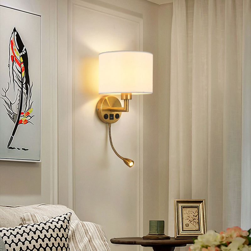 Modern Minimalist Round Column Fabric Iron 1-Light Wall Sconce Lamp For Living Room