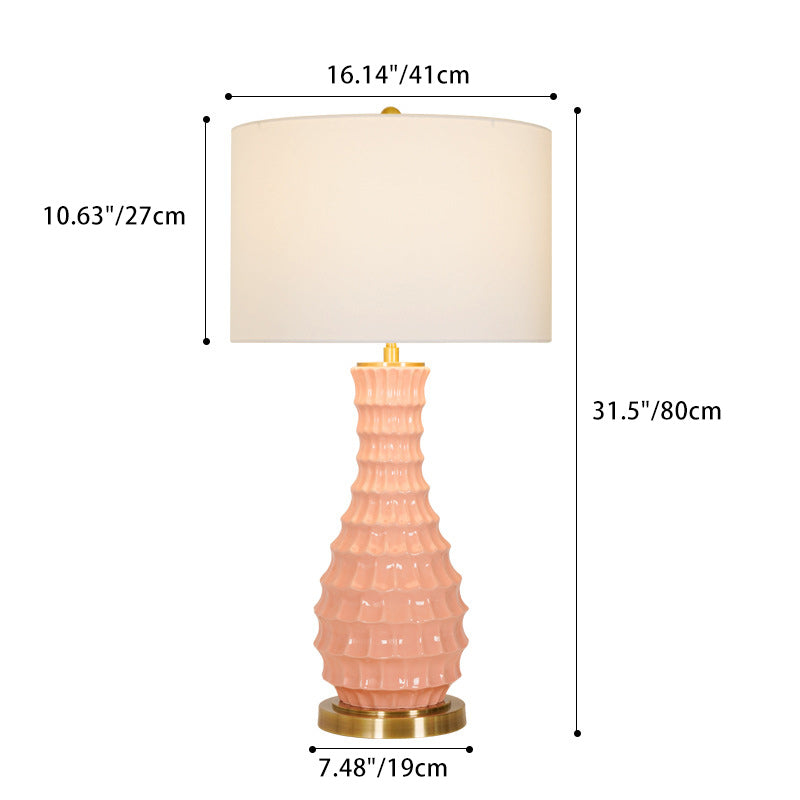 Contemporary Scandinavian Round Cylinder Fabric Ceramic Hardware 1-Light Table Lamp For Living Room