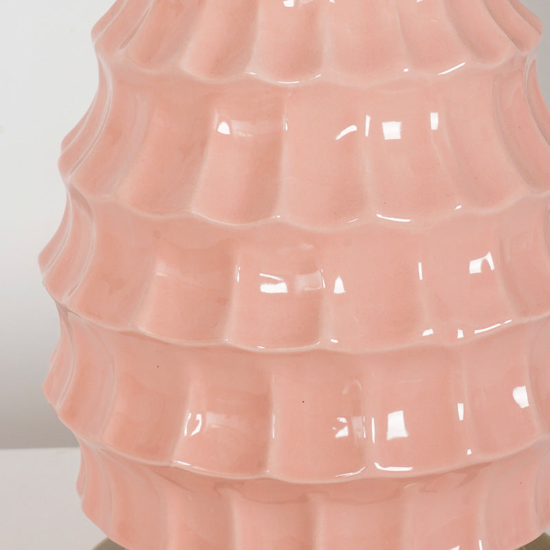 Contemporary Scandinavian Round Cylinder Fabric Ceramic Hardware 1-Light Table Lamp For Living Room