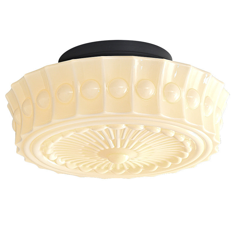 Traditional Vintage Round Pattern Glass Iron LED Semi-Flush Mount Ceiling Light For Bedroom