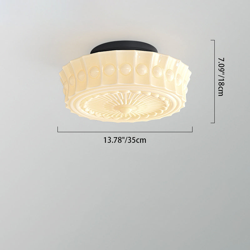 Traditional Vintage Round Pattern Glass Iron LED Semi-Flush Mount Ceiling Light For Bedroom