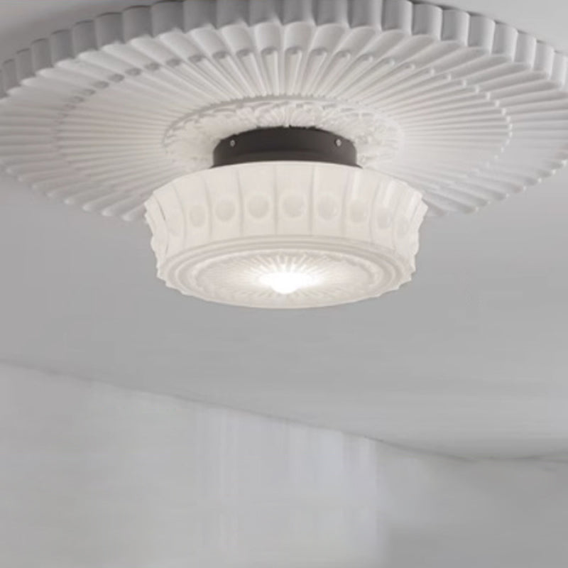 Traditional Vintage Round Pattern Glass Iron LED Semi-Flush Mount Ceiling Light For Bedroom
