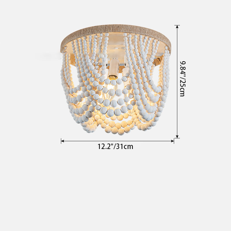 Traditional Vintage Round Curtain Wooden Beads Sisal Hardware 3-Light Flush Mount Ceiling Light For Bedroom