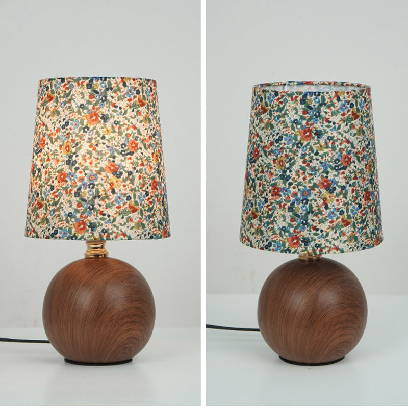 Traditional Vintage Crushed Flower Round Orb Fabric Ceramic 1-Light Table Lamp For Living Room