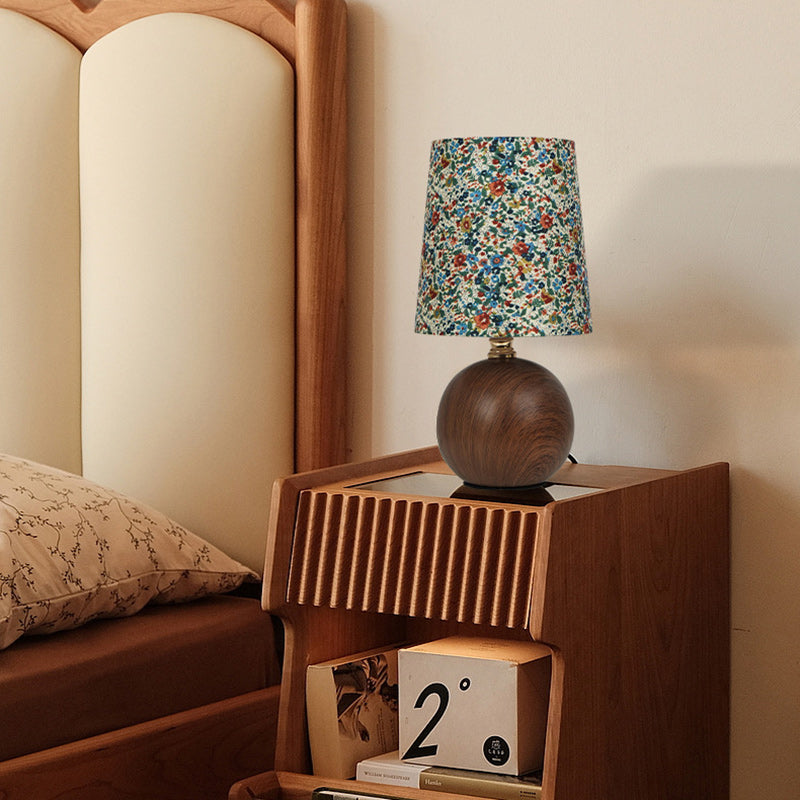 Traditional Vintage Crushed Flower Round Orb Fabric Ceramic 1-Light Table Lamp For Living Room