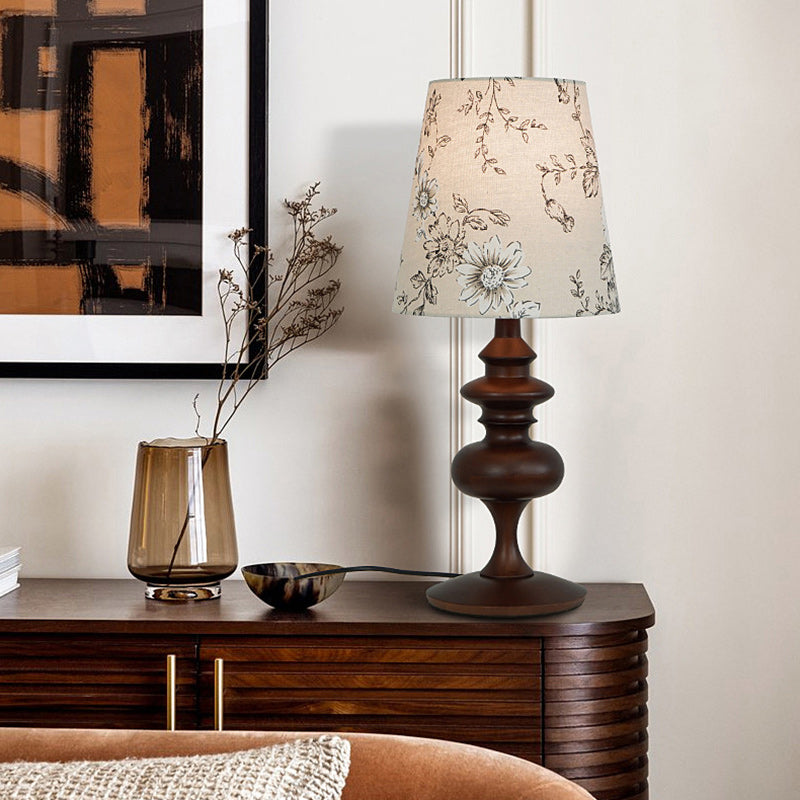 Traditional Vintage Crushed Flower Round Orb Fabric Ceramic 1-Light Table Lamp For Living Room