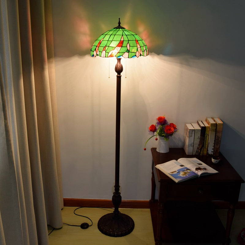 Traditional Tiffany Umbrella Round Glass Resin Iron 3-Light Standing Floor Lamp For Bedroom