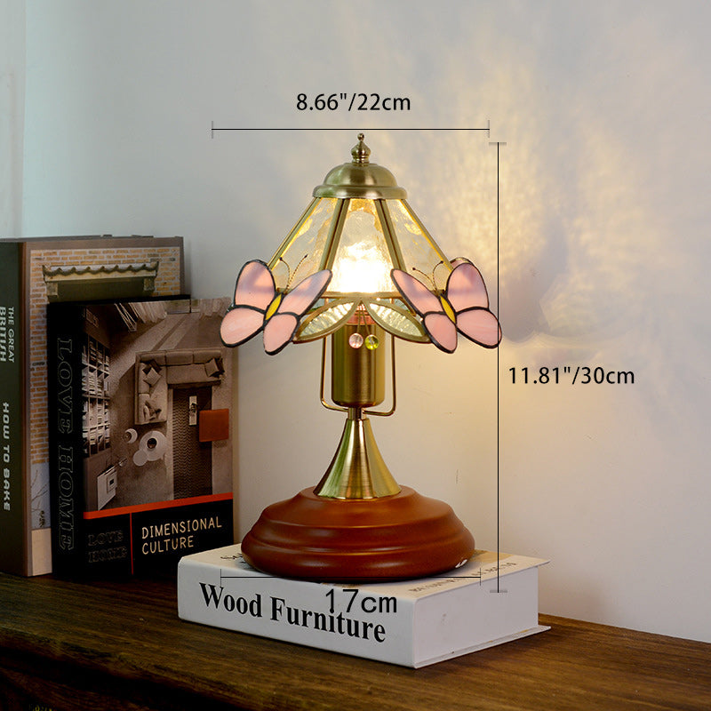 Traditional Vintage Butterfly Cone Round Glass Brass Solid Wood 1-Light Table Lamp For Living Room