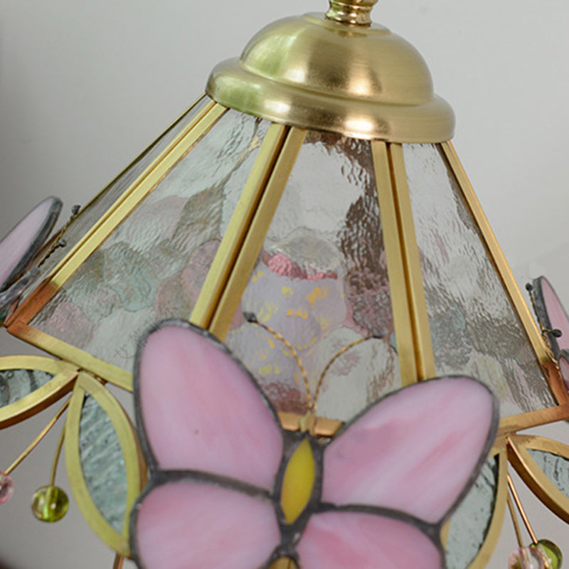 Traditional Vintage Butterfly Cone Round Glass Brass Solid Wood 1-Light Table Lamp For Living Room