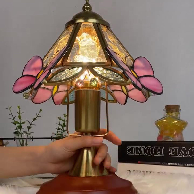 Traditional Vintage Butterfly Cone Round Glass Brass Solid Wood 1-Light Table Lamp For Living Room