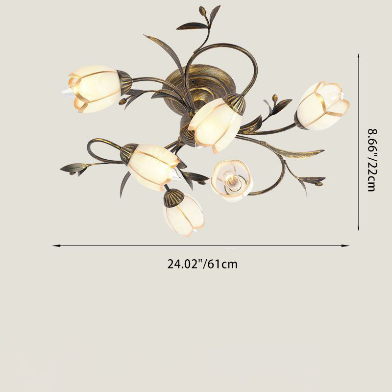 Modern Art Deco Floral Leaf Branch Glass Iron 6/8/10/12 Light Semi-Flush Mount Ceiling Light For Living Room