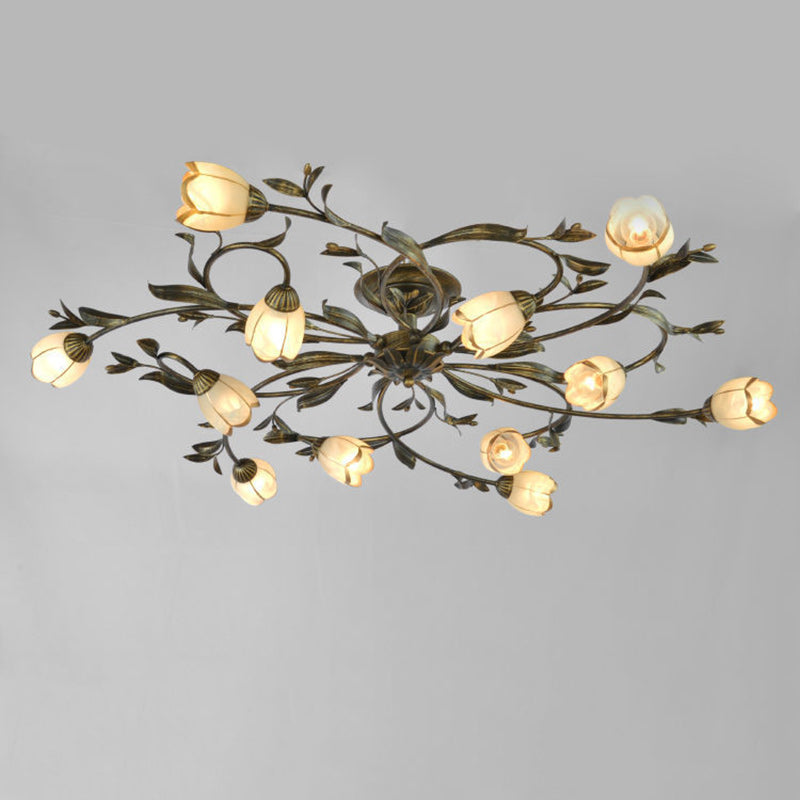 Modern Art Deco Floral Leaf Branch Glass Iron 6/8/10/12 Light Semi-Flush Mount Ceiling Light For Living Room