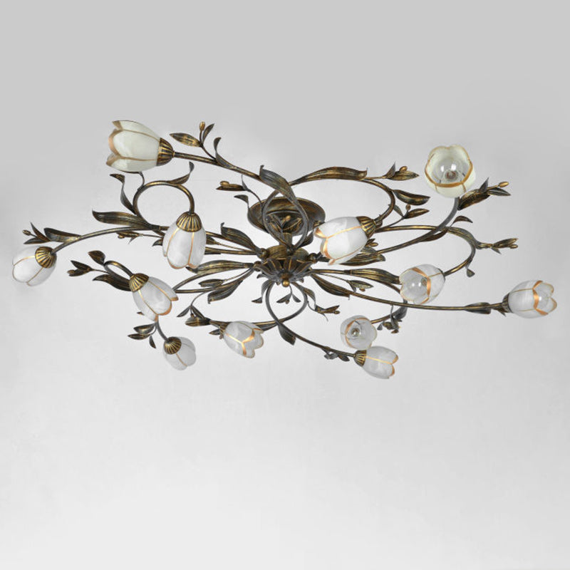 Modern Art Deco Floral Leaf Branch Glass Iron 6/8/10/12 Light Semi-Flush Mount Ceiling Light For Living Room