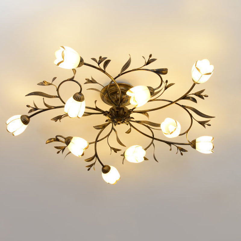 Modern Art Deco Floral Leaf Branch Glass Iron 6/8/10/12 Light Semi-Flush Mount Ceiling Light For Living Room