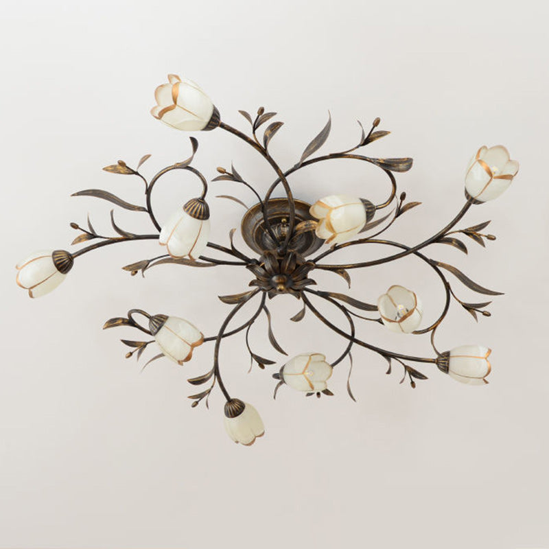 Modern Art Deco Floral Leaf Branch Glass Iron 6/8/10/12 Light Semi-Flush Mount Ceiling Light For Living Room