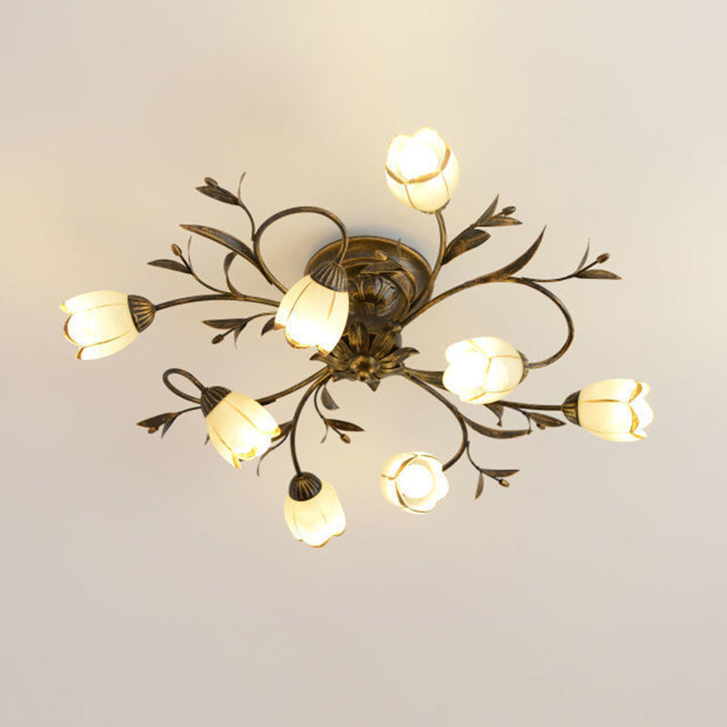 Modern Art Deco Floral Leaf Branch Glass Iron 6/8/10/12 Light Semi-Flush Mount Ceiling Light For Living Room