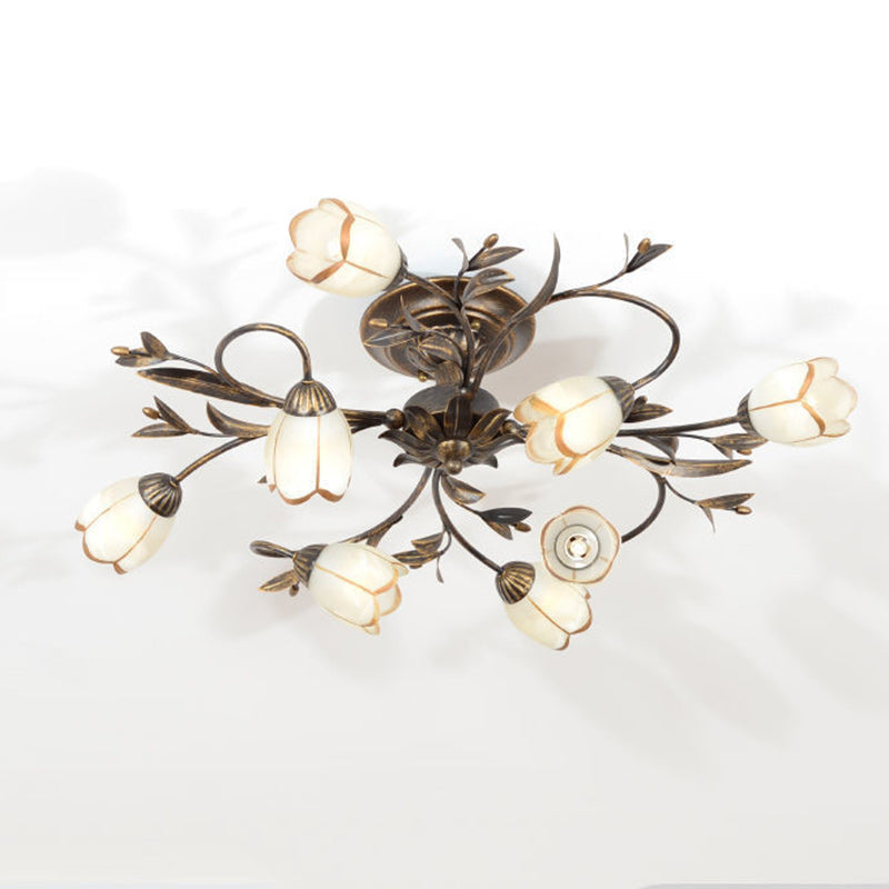 Modern Art Deco Floral Leaf Branch Glass Iron 6/8/10/12 Light Semi-Flush Mount Ceiling Light For Living Room