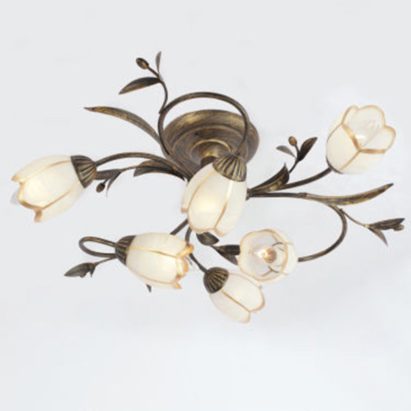 Modern Art Deco Floral Leaf Branch Glass Iron 6/8/10/12 Light Semi-Flush Mount Ceiling Light For Living Room
