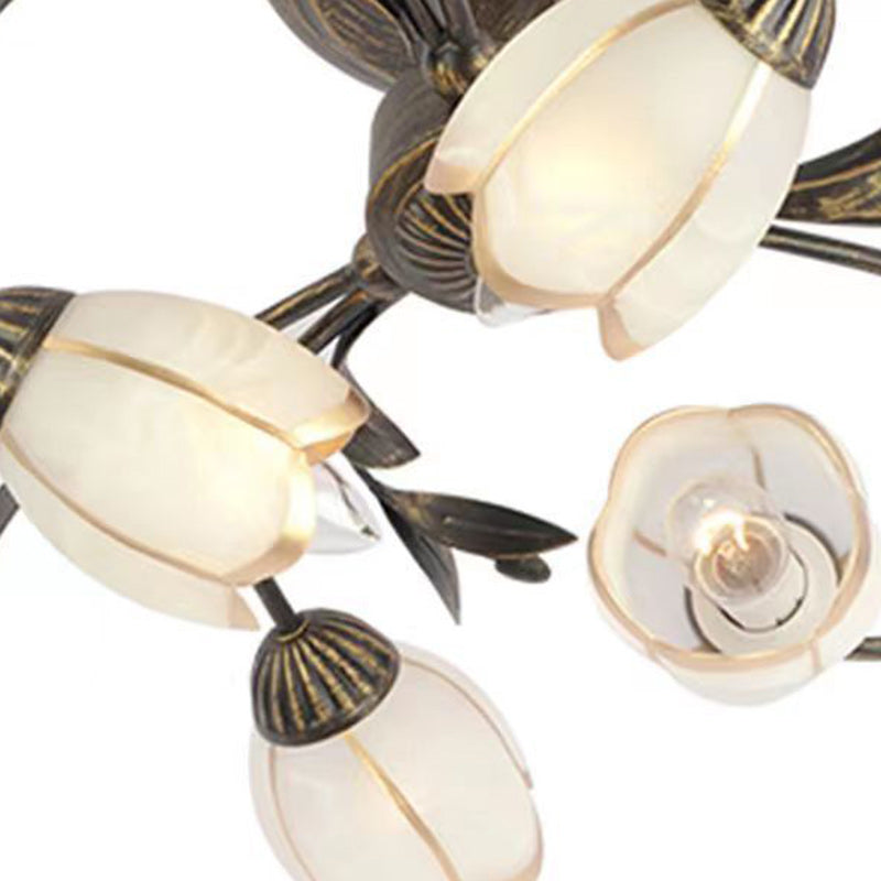 Modern Art Deco Floral Leaf Branch Glass Iron 6/8/10/12 Light Semi-Flush Mount Ceiling Light For Living Room