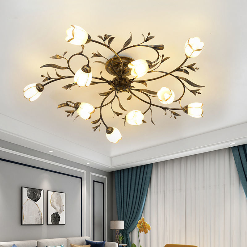 Modern Art Deco Floral Leaf Branch Glass Iron 6/8/10/12 Light Semi-Flush Mount Ceiling Light For Living Room