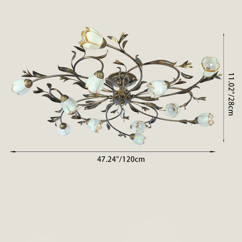 Modern Art Deco Floral Leaf Branch Glass Iron 6/8/10/12 Light Semi-Flush Mount Ceiling Light For Living Room